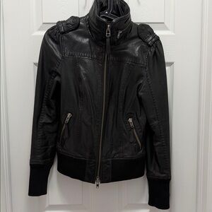 Mackage Black Leather Bomber Jacket with Stand Collar